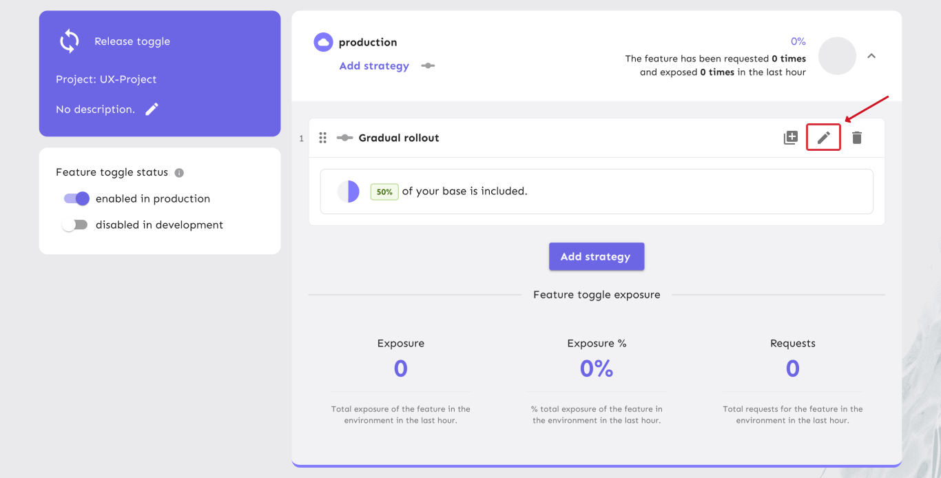 A feature flag with one strategy. The &quot;edit strategy&quot; button is highlighted.