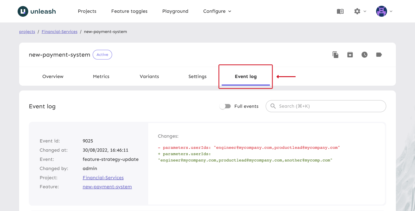 The event log for a feature flag. The &quot;Event log&quot; tab is highlighted and the UI shows the most recent changes, including a JSON diff and the change details.